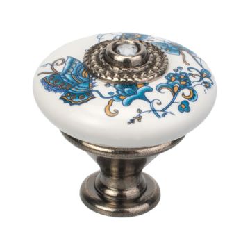 Porcelænsknop "Taza" Antik Sølv / Hvid Porcelæn / Blå