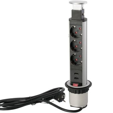 Strømudtag 'PopUp' Ø 60 mm 3 x Udtag 2 x USB Sølv